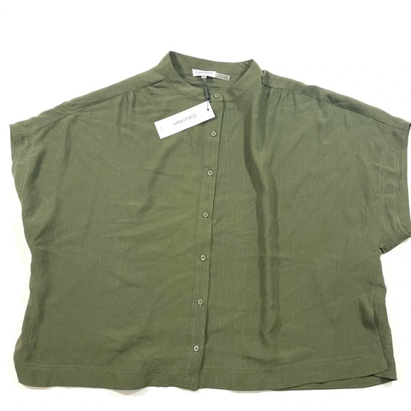 New Calvin Klein Button Front Semi Sheer Blouse Green Size 0X - Picture 2 of 8